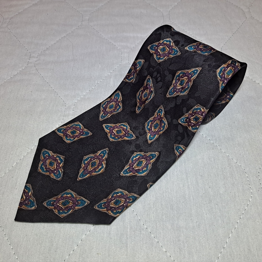 Brandon 💯 Silk Designer Necktie 3.75"x61" Extra Long Black/Turq/Purple Diamonds